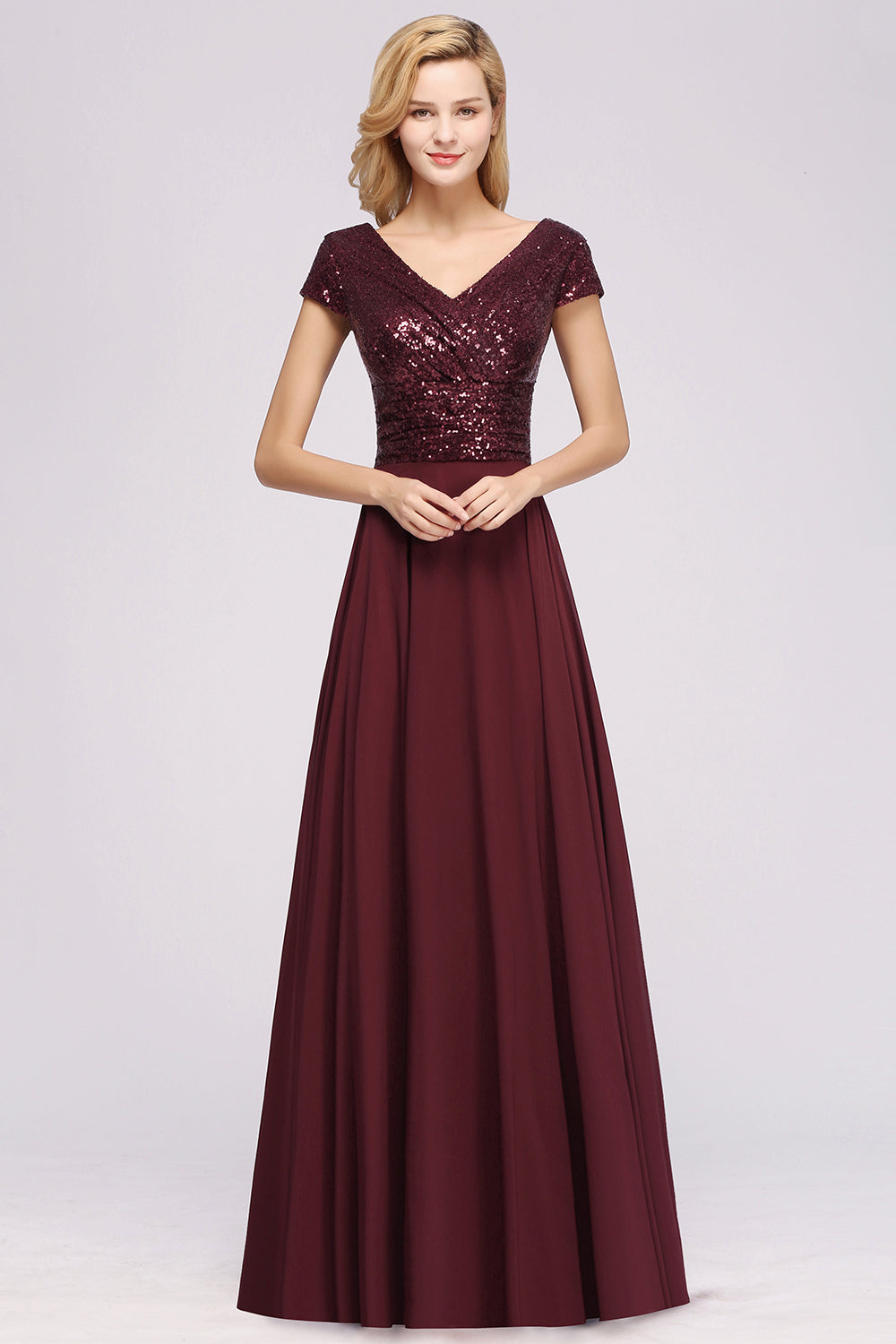 Chic Sequined Top V-Neck Sleeveless Burgundy Bridesmaid dresses
