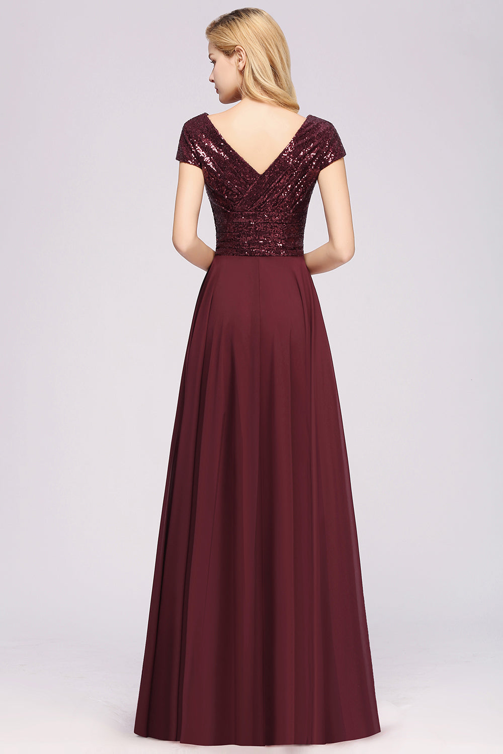 Chic Sequined Top V-Neck Sleeveless Burgundy Bridesmaid dresses