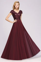 Chic Sequined Top V-Neck Sleeveless Burgundy Bridesmaid dresses