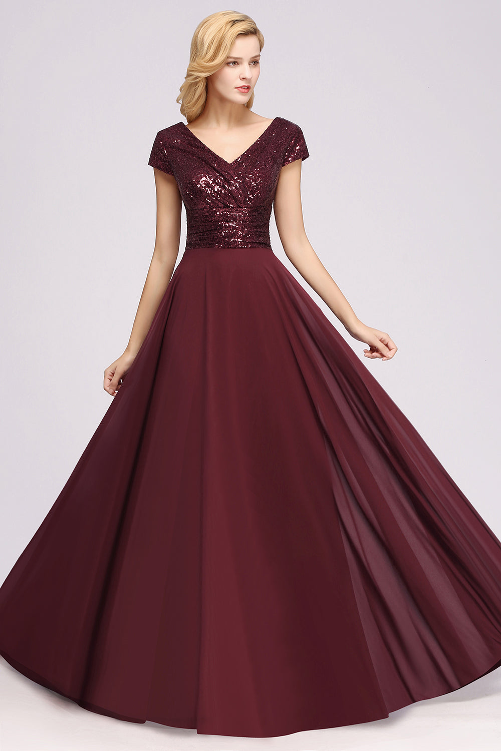 Chic Sequined Top V-Neck Sleeveless Burgundy Bridesmaid dresses
