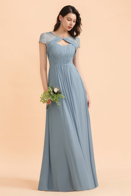 Chic Short Sleeves Lace Chiffon Bridesmaid Dress with Ruffles-misshow.com