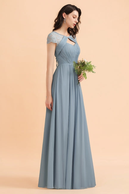 Chic Short Sleeves Lace Chiffon Bridesmaid Dress with Ruffles-misshow.com