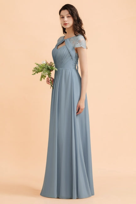 Chic Short Sleeves Lace Chiffon Bridesmaid Dress with Ruffles-misshow.com
