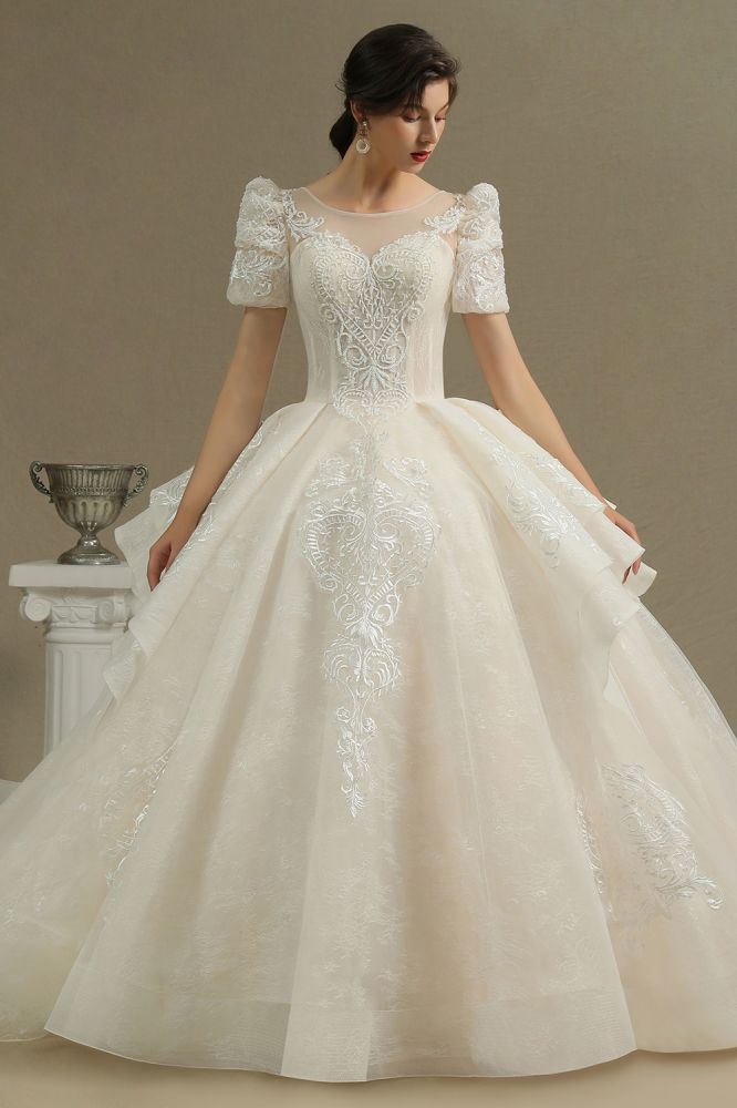 Vintage A Line Lace Tulle Short Sleeve Wedding Dress With Short Sleeves,  Appliques, And Temple Bridal Gown Perfect For Formal Country Western  Weddings From Totallymodest, $105.29 | DHgate.Com