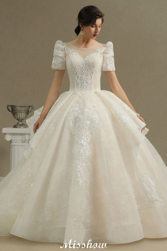 MISSHOW offers Chic Short Sleeves Tulle Lace Appliques Bridal Gown Spring Garden Wedding Dress at a good price from Same as Picture,Champagne,Tulle to A-line Floor-length them. Stunning yet affordable 3/4-Length Sleeves .