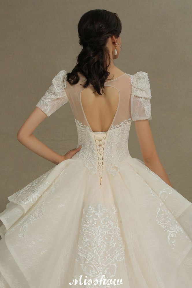MISSHOW offers Chic Short Sleeves Tulle Lace Appliques Bridal Gown Spring Garden Wedding Dress at a good price from Same as Picture,Champagne,Tulle to A-line Floor-length them. Stunning yet affordable 3/4-Length Sleeves .