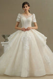 Chic Short Sleeves Tulle Lace Appliques Bridal Gown Spring Garden Wedding Dress