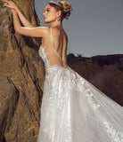 Chic Sleeveless V-Neck Wedding Dress Aline Tulle Brial Dress with Lace Appliques& Pockets-misshow.com