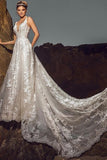 Chic Sleeveless V-Neck Wedding Dress Aline Tulle Brial Dress with Lace Appliques& Pockets-misshow.com