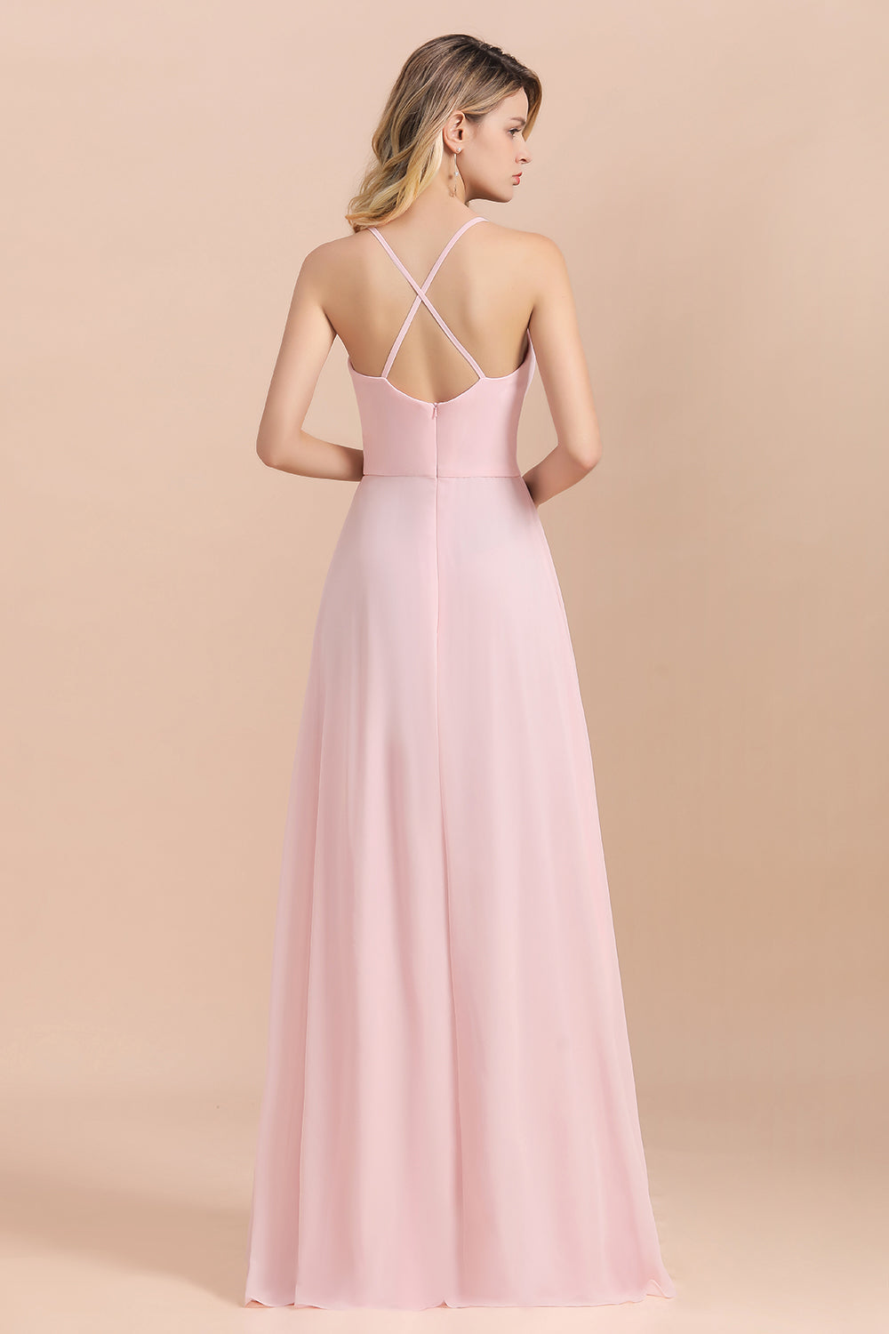 Chic Spaghetti Straps Chiffon Pink Bridesmaid dresses with Crisscross Back Chic Spaghetti Straps Chiffon Pink Bridesmaid dresses with Crisscross Back