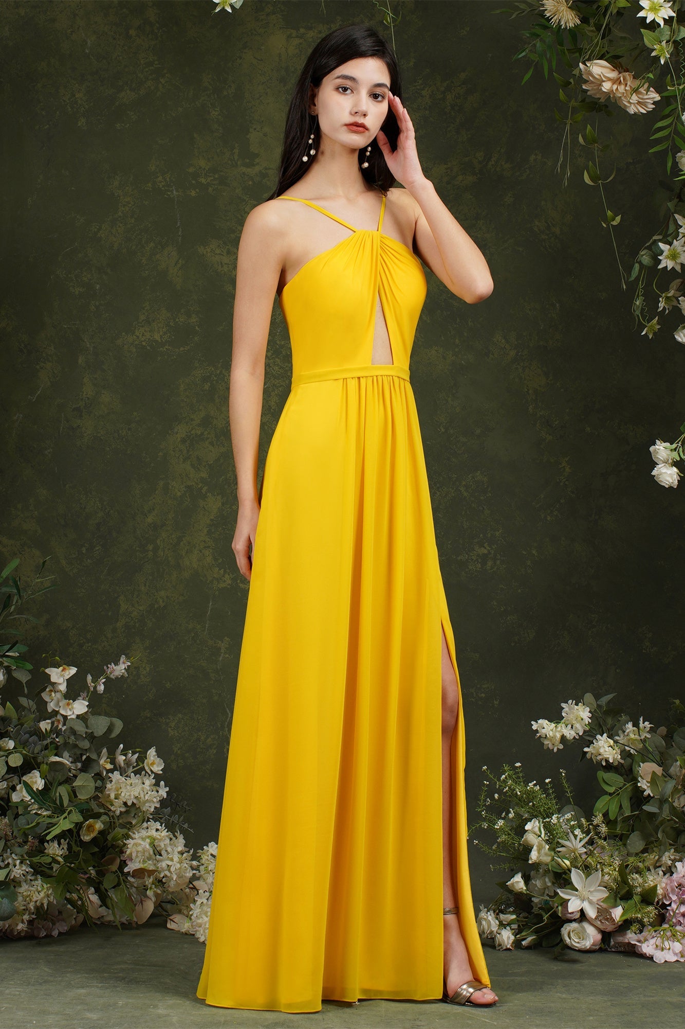 Chic Spaghetti Straps Halter A-Line Floor-length Split Bridesmaid Dress With Pockets-misshow.com