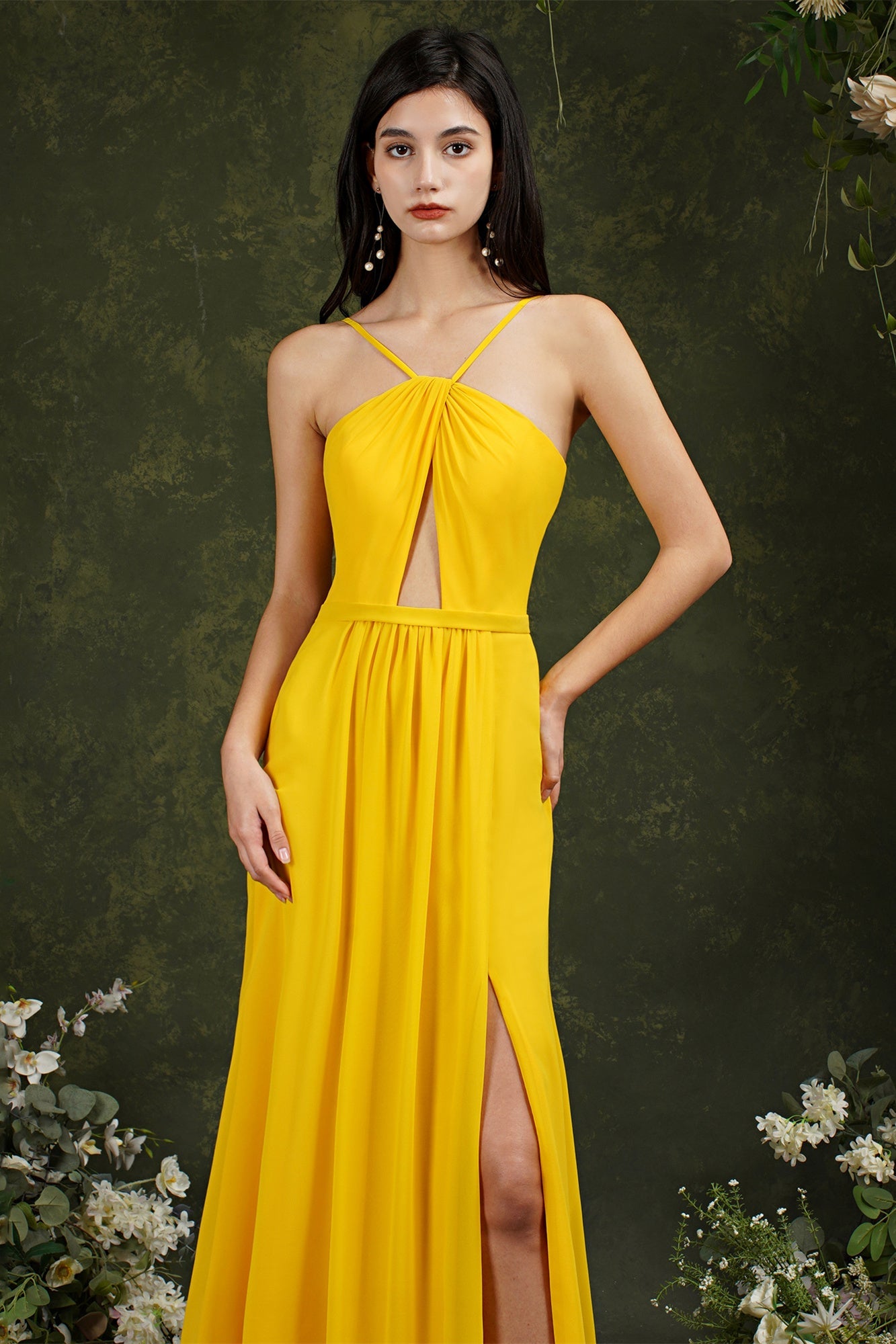 Chic Spaghetti Straps Halter A-Line Floor-length Split Bridesmaid Dress With Pockets-misshow.com