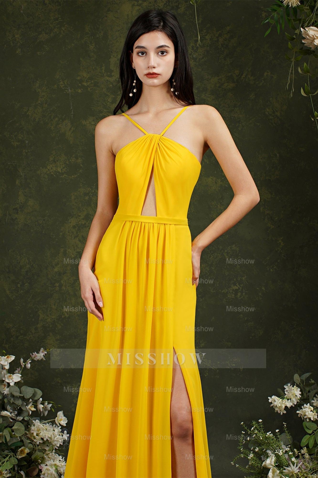 Chic Spaghetti Straps Halter A-Line Floor-length Split Bridesmaid Dress With Pockets Chic Spaghetti Straps Halter A-Line Floor-length Split Bridesmaid Dress With Pockets