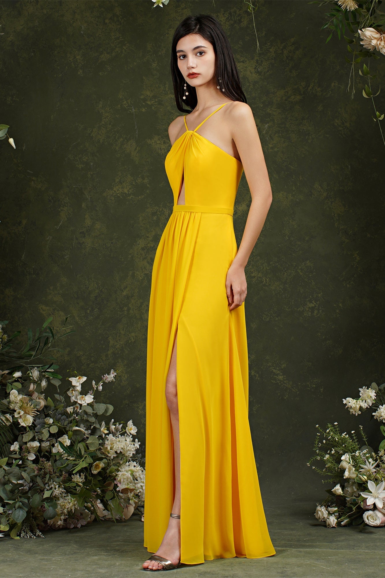 Chic Spaghetti Straps Halter A-Line Floor-length Split Bridesmaid Dress With Pockets-misshow.com