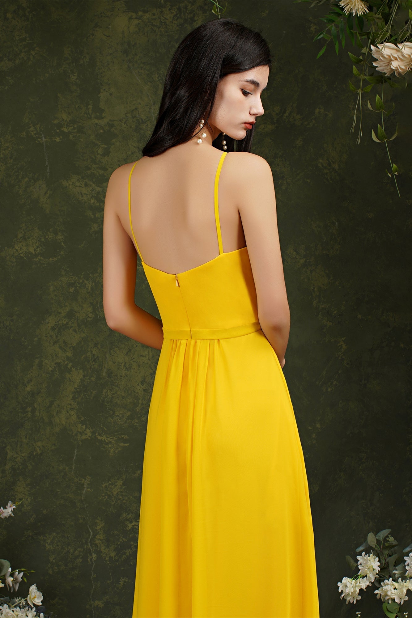 Chic Spaghetti Straps Halter A-Line Floor-length Split Bridesmaid Dress With Pockets-misshow.com