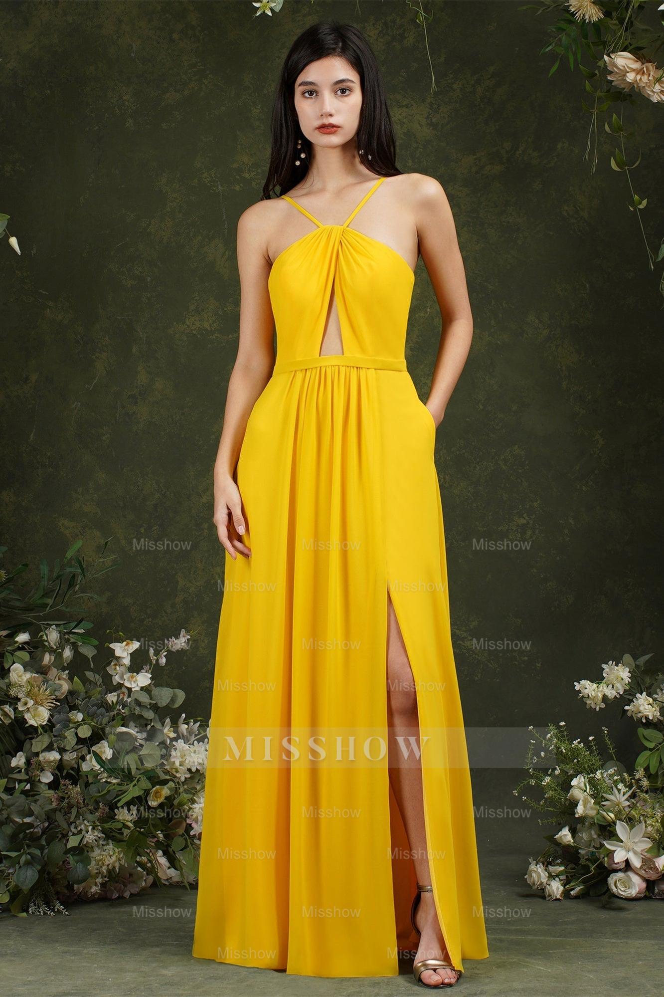 Chic Spaghetti Straps Halter A-Line Floor-length Split Bridesmaid Dress With Pockets Chic Spaghetti Straps Halter A-Line Floor-length Split Bridesmaid Dress With Pockets