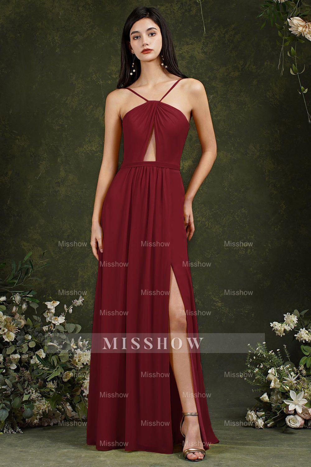 Chic Spaghetti Straps Halter A-Line Floor-length Split Bridesmaid Dress With Pockets Chic Spaghetti Straps Halter A-Line Floor-length Split Bridesmaid Dress With Pockets