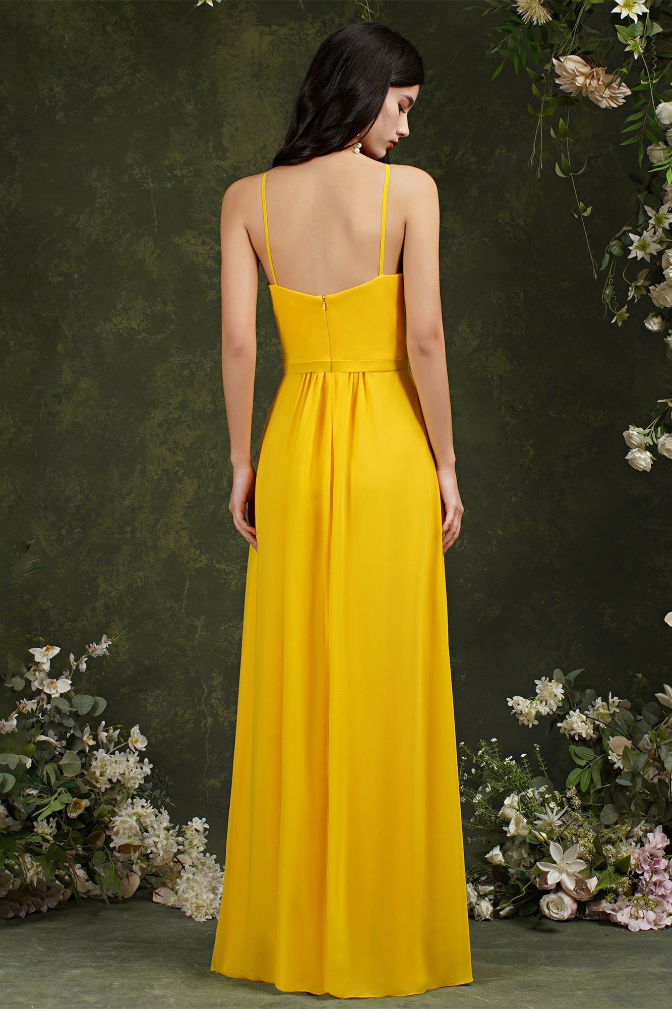 Chic Spaghetti Straps Halter A-Line Floor-length Split Bridesmaid Dress With Pockets-misshow.com