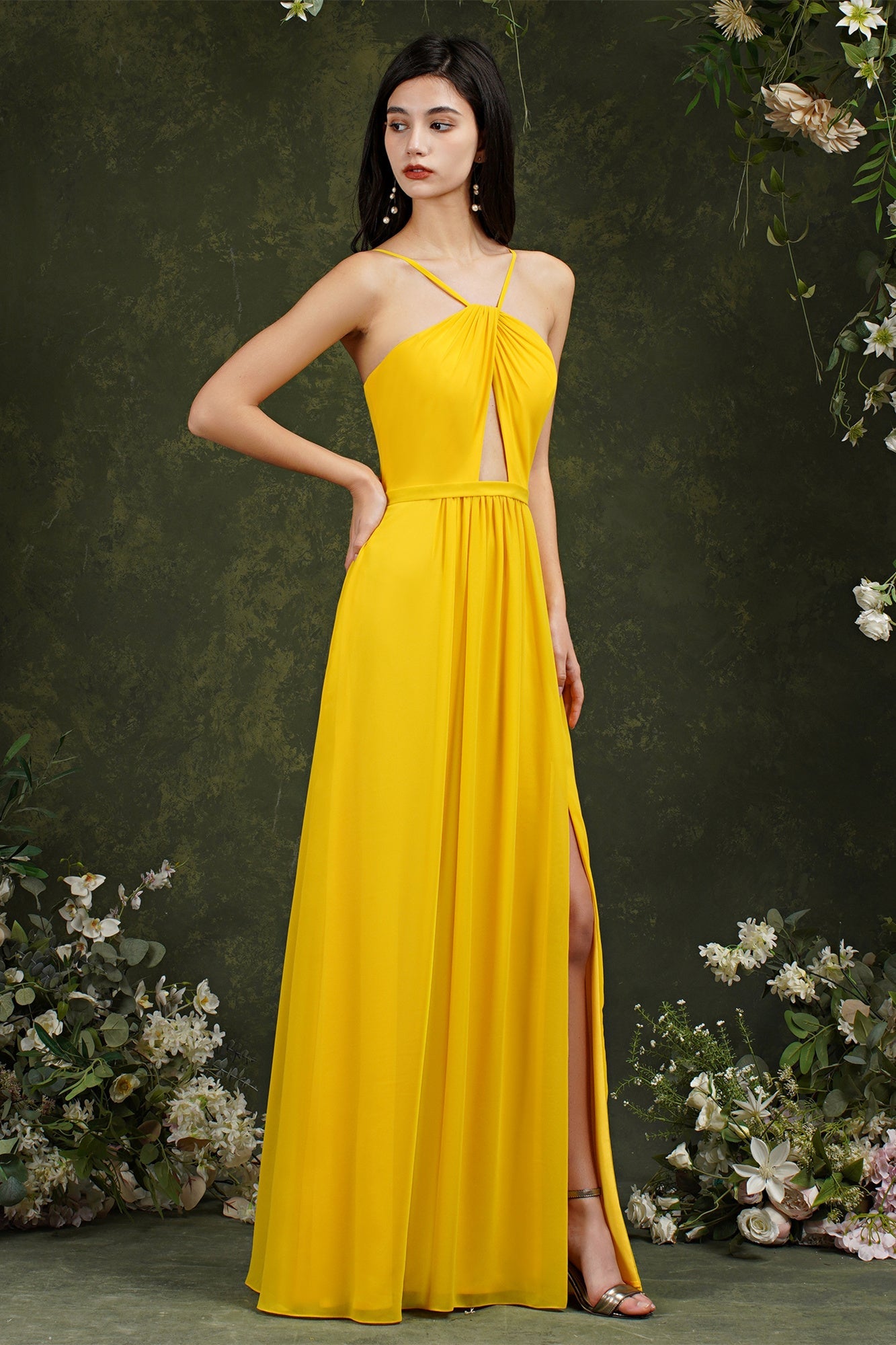 Chic Spaghetti Straps Halter A-Line Floor-length Split Bridesmaid Dress With Pockets-misshow.com