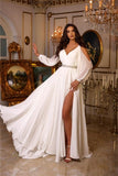 Chic Summer Chiffon A-line V-neck Wedding Dresses With Long Sleeves-misshow.com
