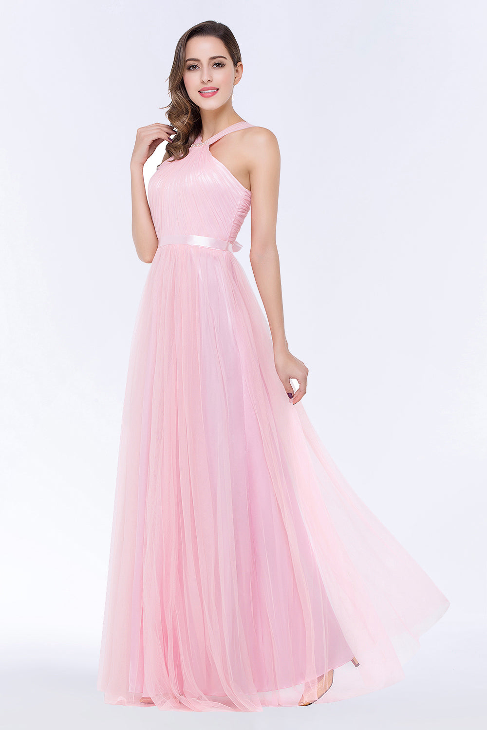 Chic Tulle Ruffle Halter Sleeveless Pearls Bridesmaid Dresses with Sash