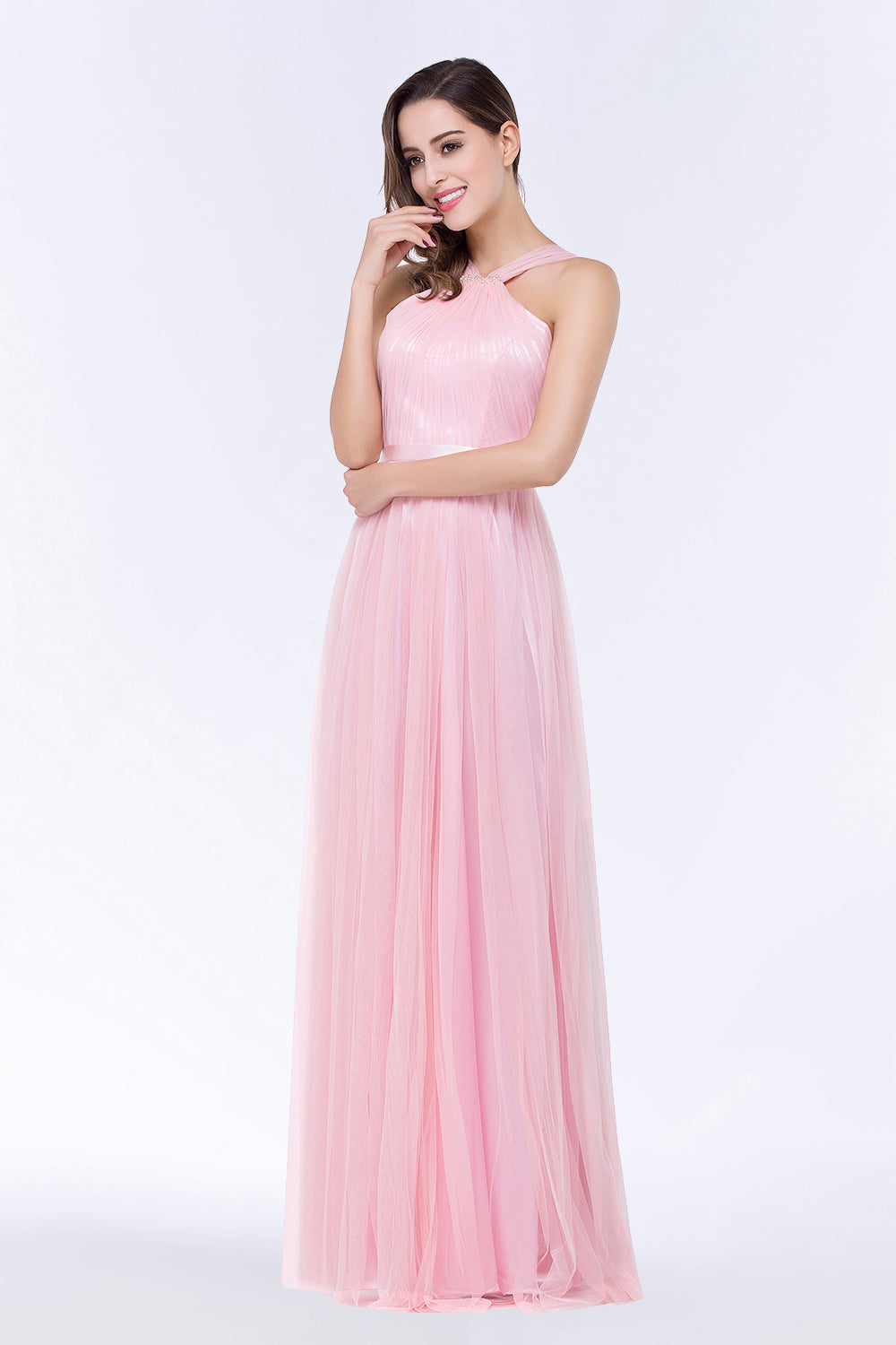 Chic Tulle Ruffle Halter Sleeveless Pearls Bridesmaid Dresses with Sash