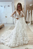 Chic V-neck A-line Lace Long Sleeves Floor Length Wedding dress-misshow.com