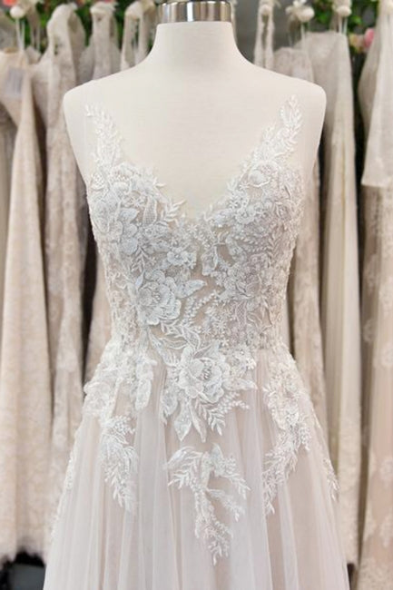 Chic V-neck Appliques Tulle A-line Wedding Dress-misshow.com