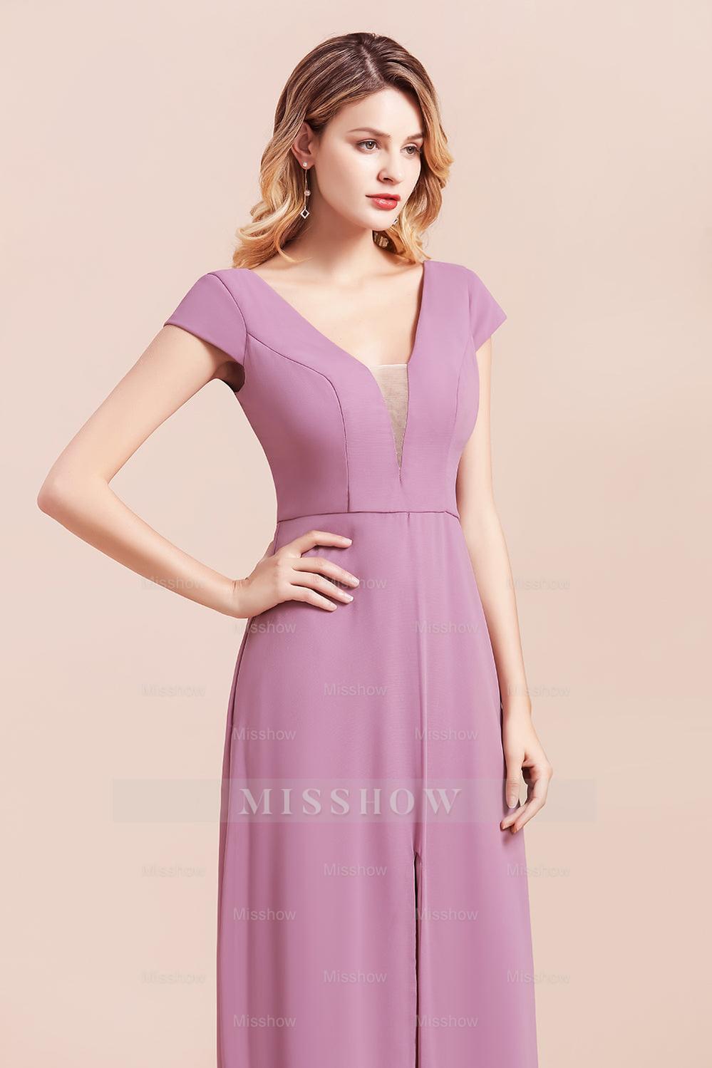 Chic V-Neck Chiffon Wisteria Bridesmaid dresses with Short Sleeves Chic V-Neck Chiffon Wisteria Bridesmaid dresses with Short Sleeves