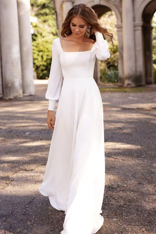 Chic White Satin Long Sleeves A-Line Wedding Dresses Long –