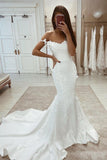 Chic White Straps Lace Sleeveless Satin Mermaid Wedding Dress With Train-misshow.com