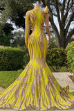Chic Yellow High Neck Long Sleeve One Shoulder Mermaid Prom Dress-misshow.com