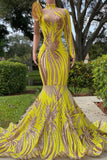 Chic Yellow High Neck Long Sleeve One Shoulder Mermaid Prom Dress
