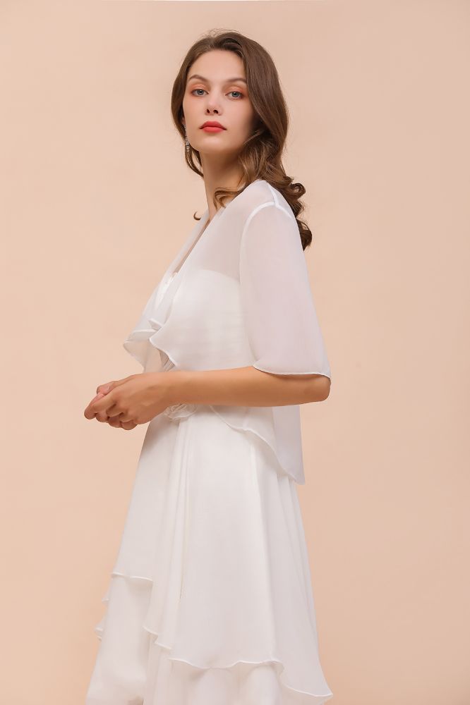 Chiffon Bridesmaid Dress 3/4 Sleeves Mini Knee Length Layers Special Occasion Dress with Wraps | MISSHOW Chiffon Bridesmaid Dress 3/4 Sleeves Mini Knee Length Layers Special Occasion Dress with Wraps | MISSHOW