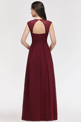Chiffon Burgundy V-Neck Cap Sleeve Bridesmaid Dresses with Beadings