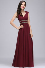 Chiffon Burgundy V-Neck Cap Sleeve Bridesmaid Dresses with Beadings