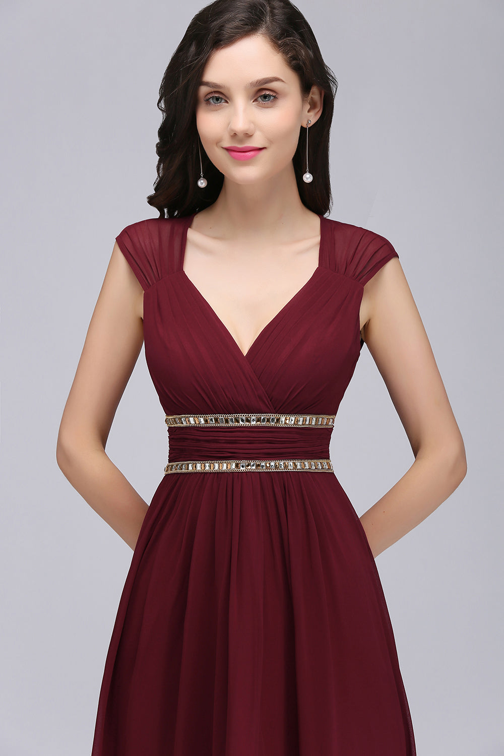Chiffon Burgundy V-Neck Cap Sleeve Bridesmaid Dresses with Beadings
