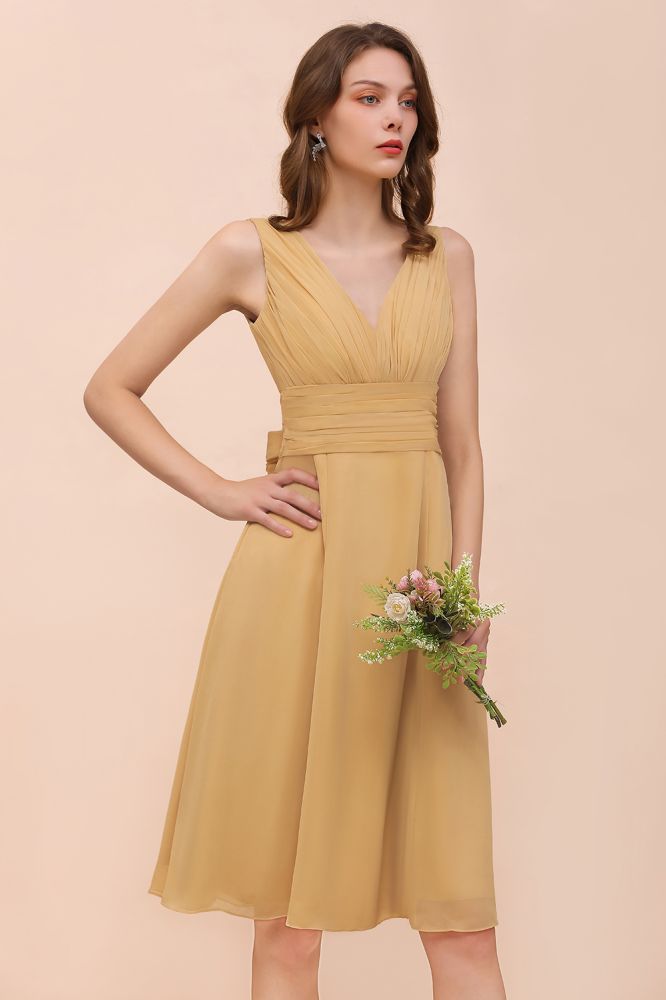 Chiffon Mini Golden Bridesmaid Dress Daily Casual Dress Sleeveless V-neck-misshow.com