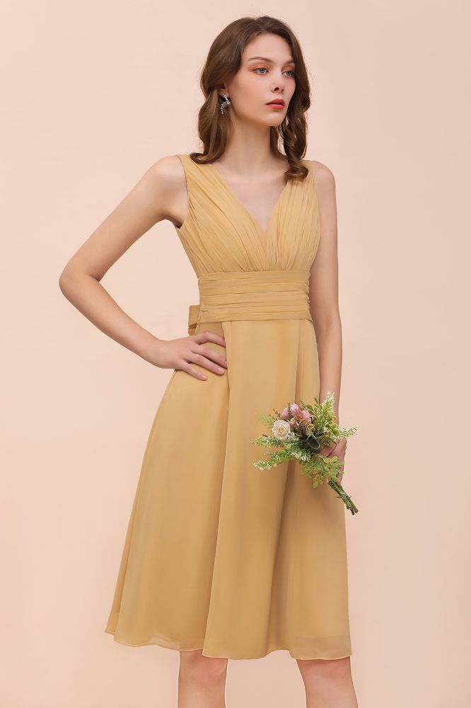 Chiffon Mini Bridesmaid Dress Daily Casual Dress Sleeveless V-neck Gold | MISSHOW Chiffon Mini Bridesmaid Dress Daily Casual Dress Sleeveless V-neck Gold | MISSHOW