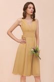 Chiffon Mini Golden Bridesmaid Dress Daily Casual Dress Sleeveless V-neck-misshow.com