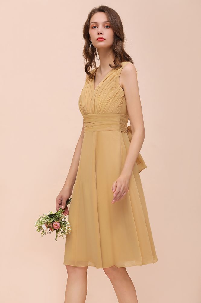 Chiffon Mini Golden Bridesmaid Dress Daily Casual Dress Sleeveless V-neck-misshow.com