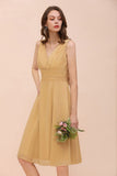 Chiffon Mini Golden Bridesmaid Dress Daily Casual Dress Sleeveless V-neck-misshow.com