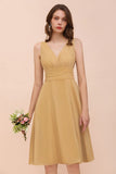 Chiffon Mini Golden Bridesmaid Dress Daily Casual Dress Sleeveless V-neck-misshow.com