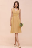 Chiffon Mini Golden Bridesmaid Dress Daily Casual Dress Sleeveless V-neck