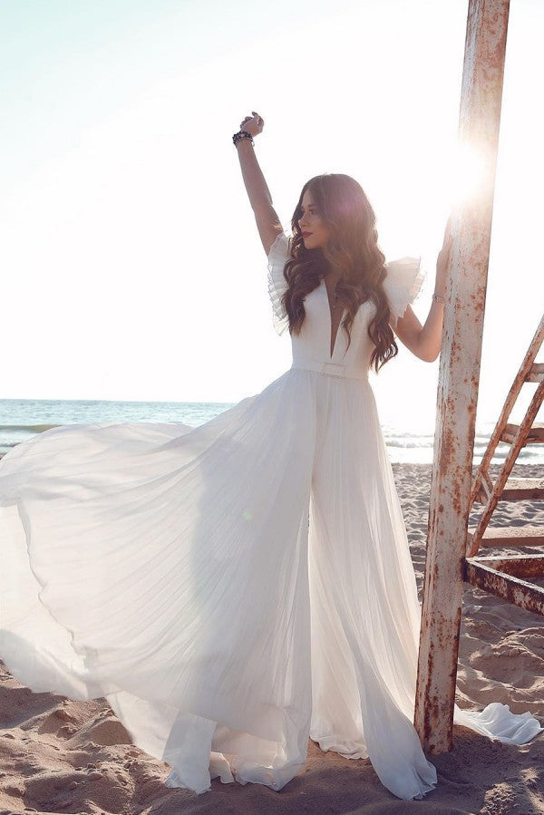 Find this Chic Deep V-neck White Wedding Dressat Misshow, available in everyone color and size you could possibly imagine, which makes picking out the perfect prom dress for your big day easily!