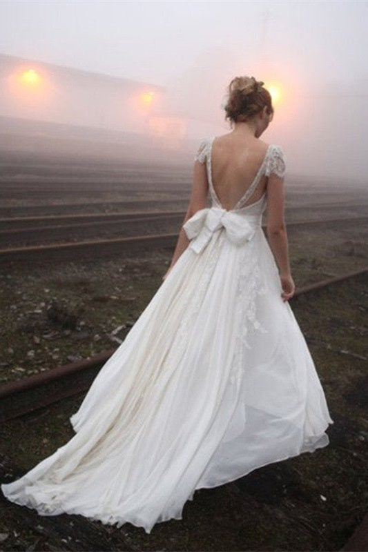 Chiffon Sleeveless V-Neck Lace Wedding Dress-misshow.com