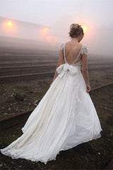 Chiffon Sleeveless V-Neck Lace Wedding Dress-misshow.com