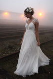 Chiffon Sleeveless V-Neck Lace Wedding Dress-misshow.com