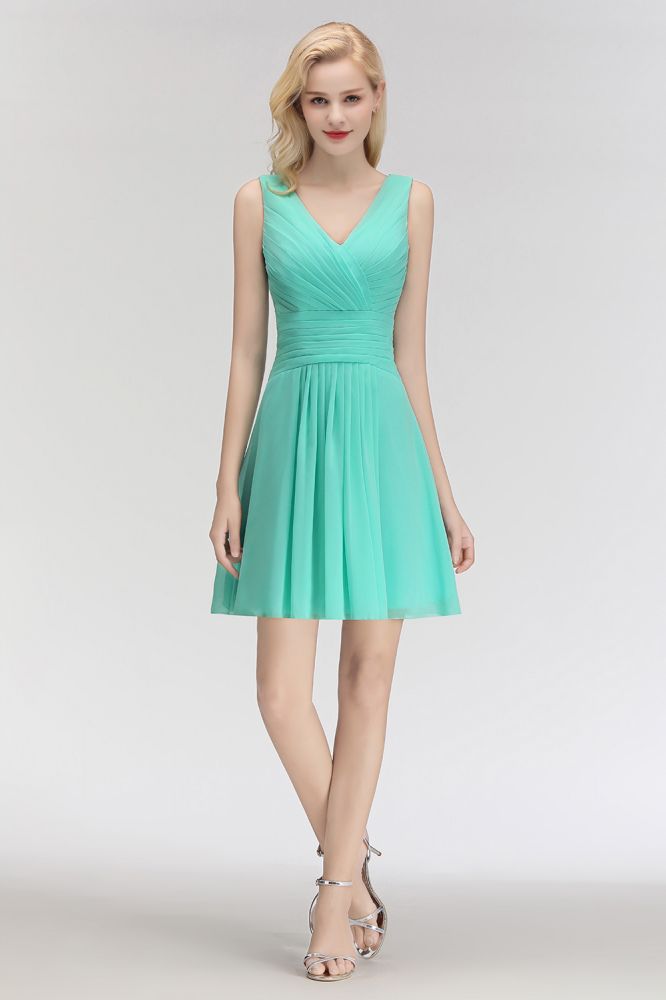 Looking for Bridesmaid Dresses in 100D Chiffon, A-line style, and Gorgeous Draped work  MISSHOW has all covered on this elegant Classic V-Neck Floral Mini Cocktail Dress Sleeveless Chiffon Knee Length Homecoming Dress.