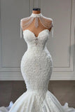 Classy Appliques Lace Tassel Sweetheart Sleeveless Chapel Mermaid Wedding Dresses-misshow.com
